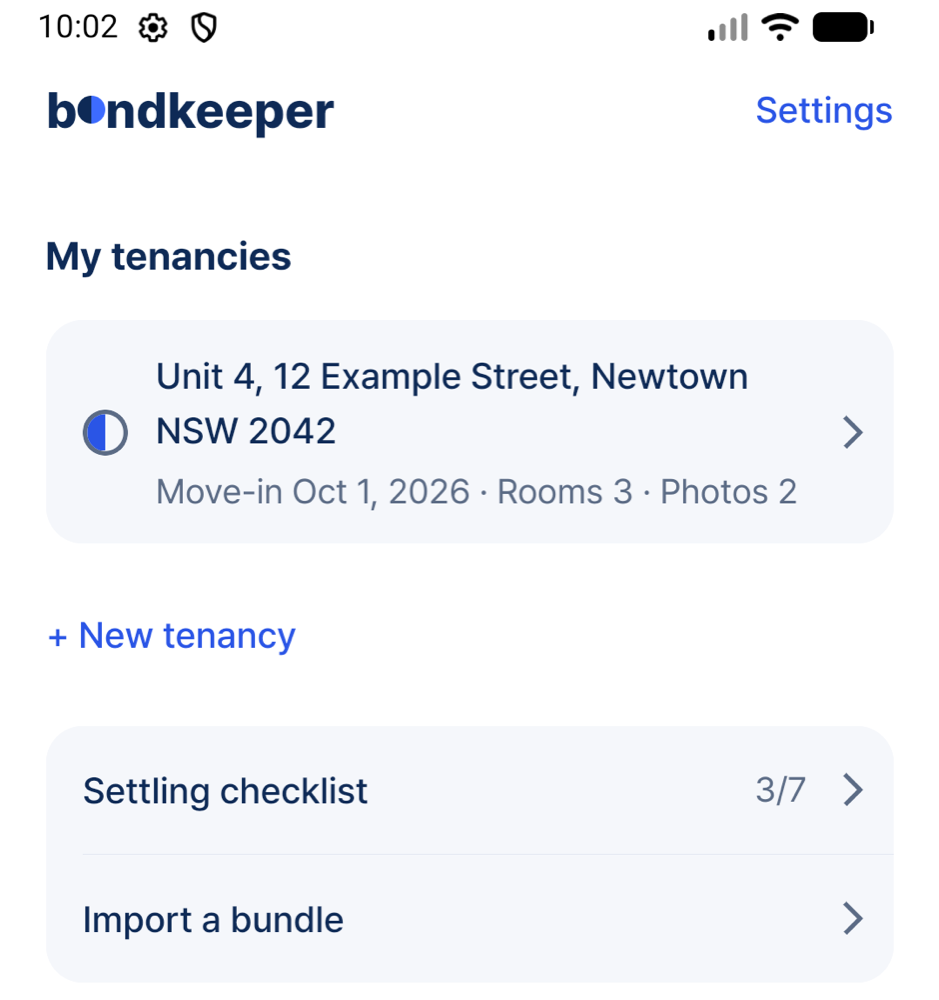 BondKeeper My tenancies screen with a fictional sample tenancy and its rental records.