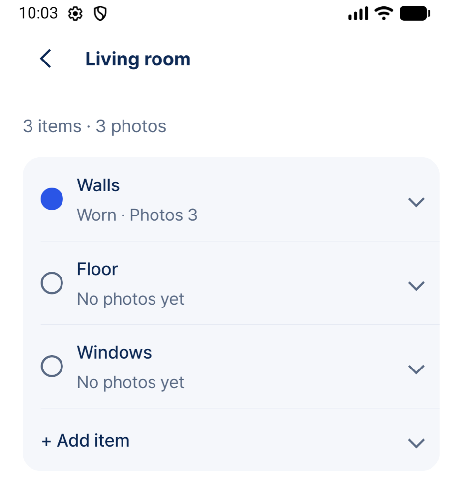 Items in a room of a fictional sample tenancy, showing photos and recorded condition.