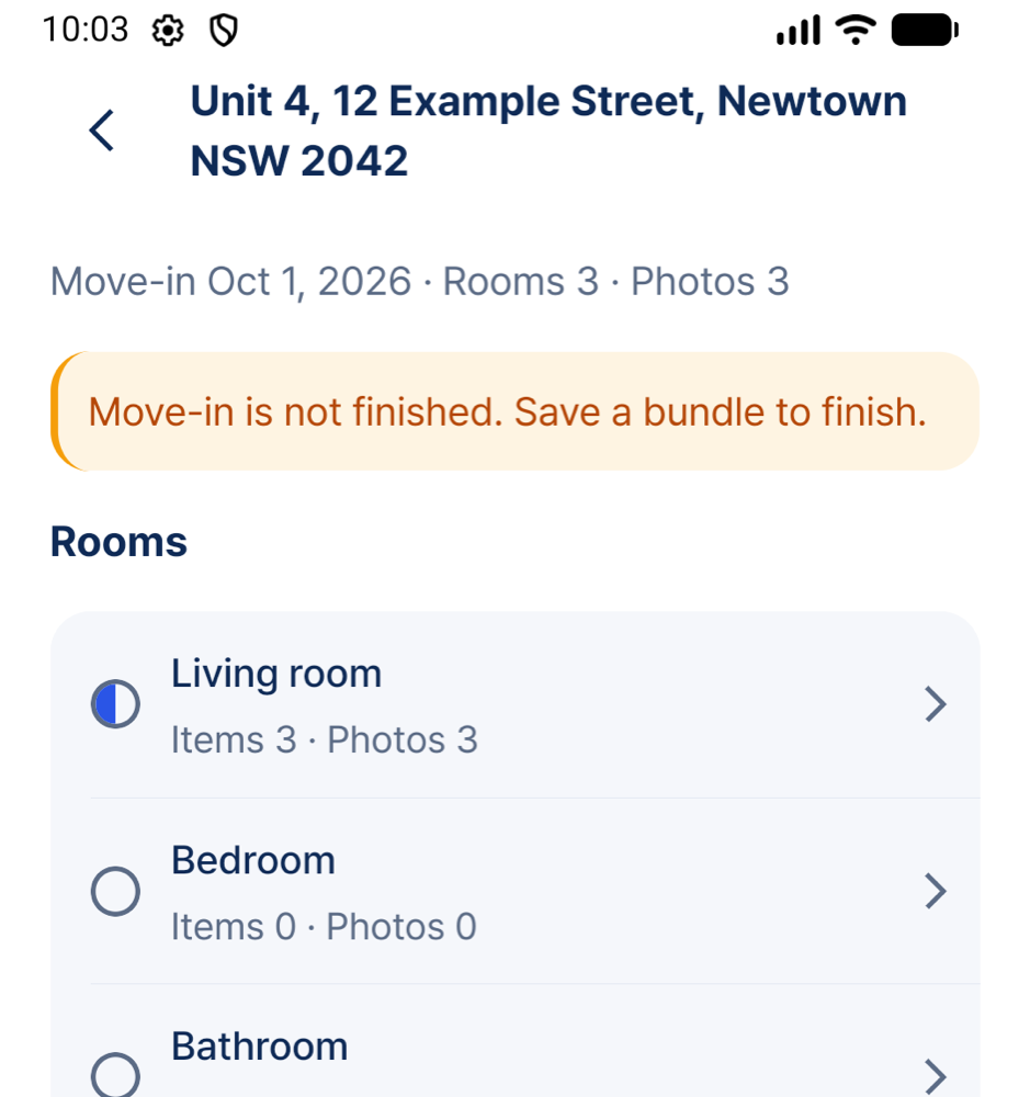Rooms in a fictional sample tenancy, showing progress for each room.